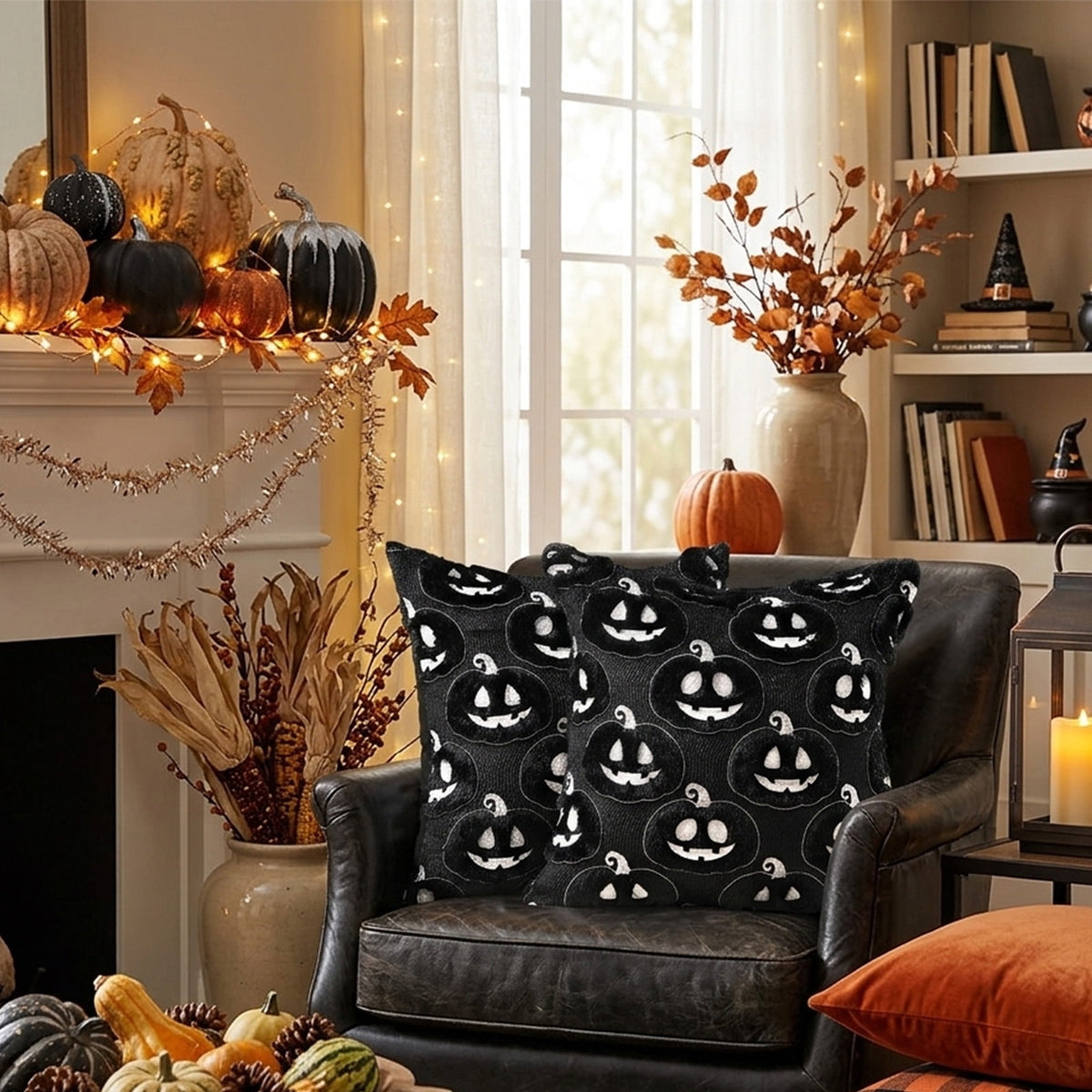 Halloween Ghost Reading Book Throw Pillow Cover, Spooky Library Bookshelf Skull Candlestick Decorative Pillowcase, Retro Halloween Cushion Cover