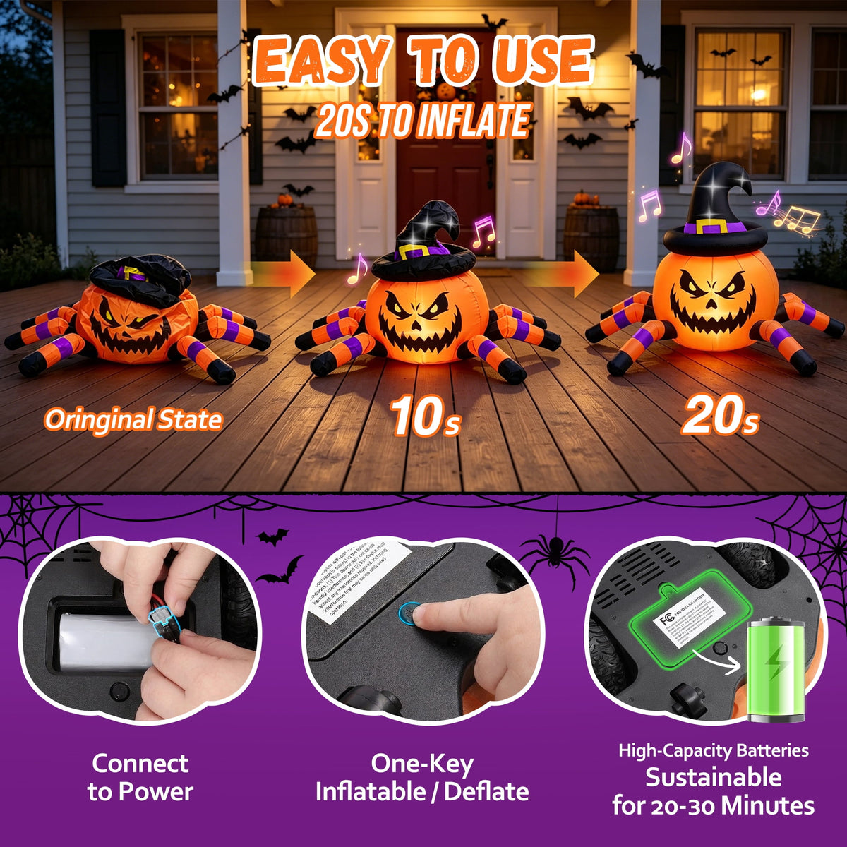 Firstness 2.6ft Halloween Inflatable with Music and Lights,Remote Control Pumpkin Ghost Car,Blow ups Rc Car,Indoor Outdoor,Orange Green