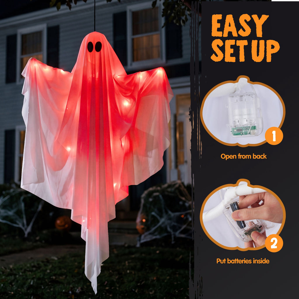 Joyfy 47inch Halloween Decorations Outdoor Hanging Ghost,Light up White Ghosts with Spooky Warm White LED Light,Halloween Outdoor Yard Porch Decorations,Haunted House Decorations