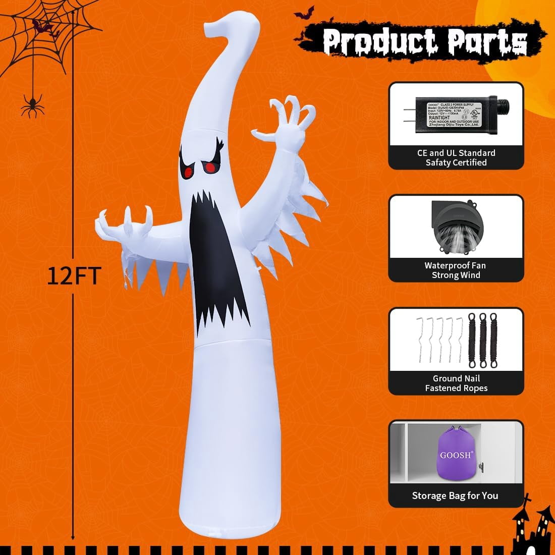GOOSH 12 FT Height Halloween Inflatable Outdoor Colorful Dimming Ghost, Blow Up Yard Decoration Clearance with LED Lights Built-in for Holiday/Party/Yard/Garden