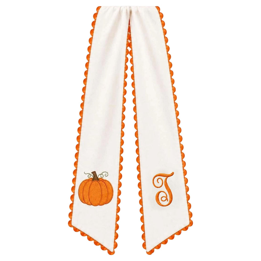 Pumpkin Embroidered Wreath Sash, 50 x 5 inch Orange Scalloped Lettered Ribbon for Halloween, Thanksgiving, Front Door, Seasonal Garland and Fall Home Decor, W