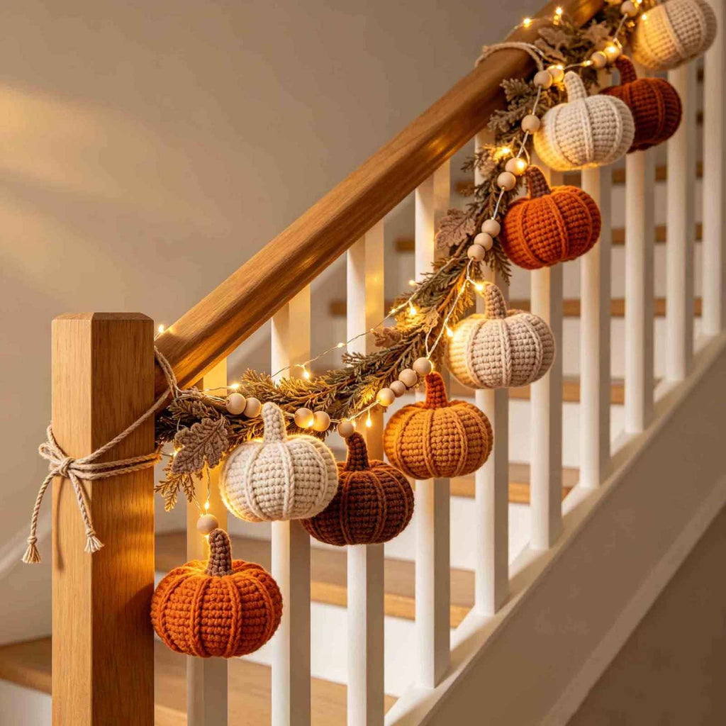 Clearance Fall Knit Pumpkin String Light Wreath, Hand Crochet Multicolor Garland With Wooden Beads, Cozy Odor-Free Cotton Yarn Fall, Thanksgiving and Halloween Decor