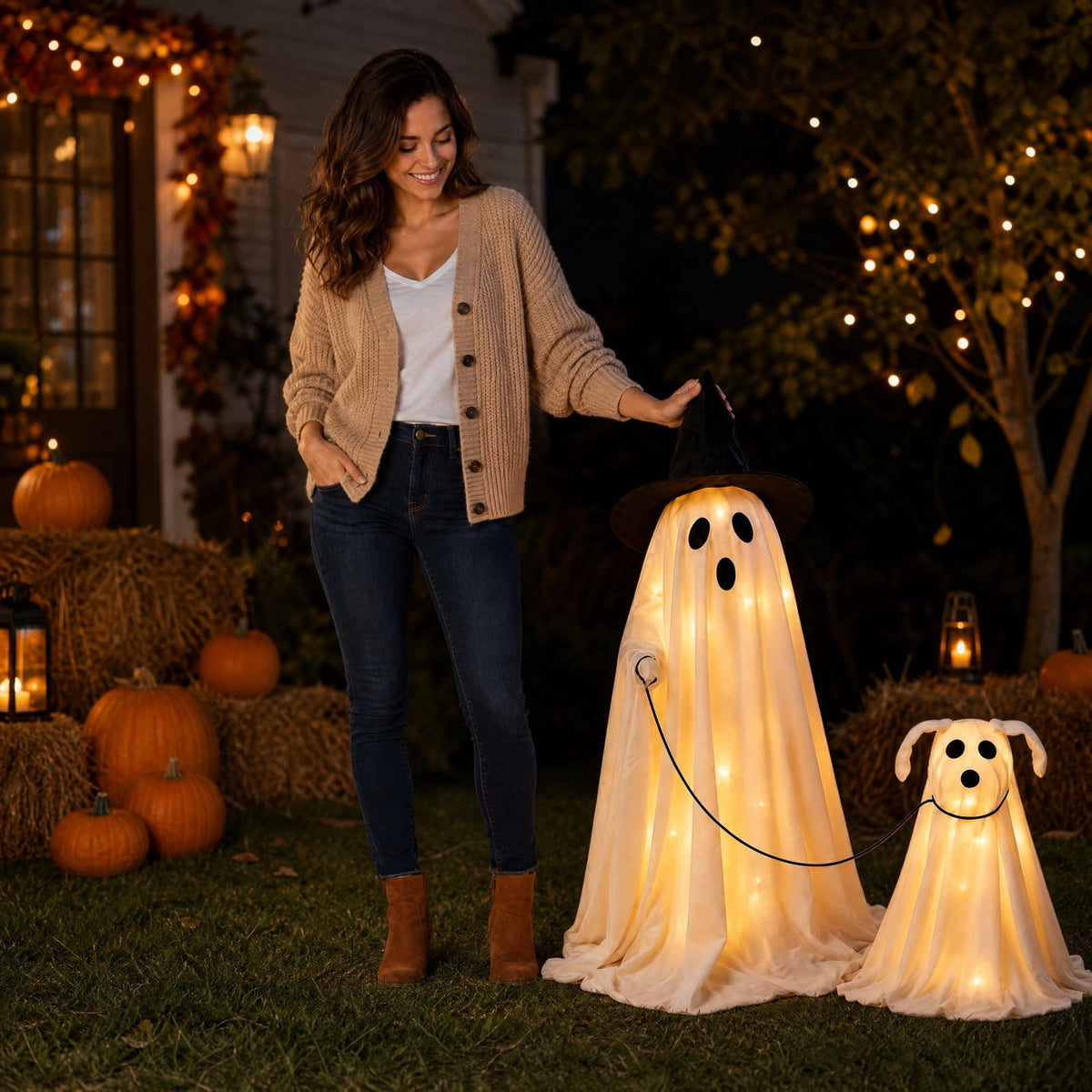 FEOLGEHLY Halloween Decorations Outdoor Indoor, Wizard Ghost Dog Walking Set Two Piece Halloween Outdoor Patio Living Room Decor Halloween Decorations Clearance For Party Home