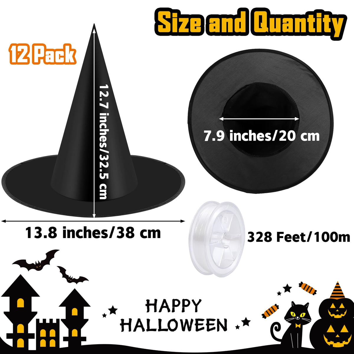 Elcoho 12 Pieces Halloween Costume Witch Hat with 100 Yards Hanging Rope for Halloween Yard Decoration