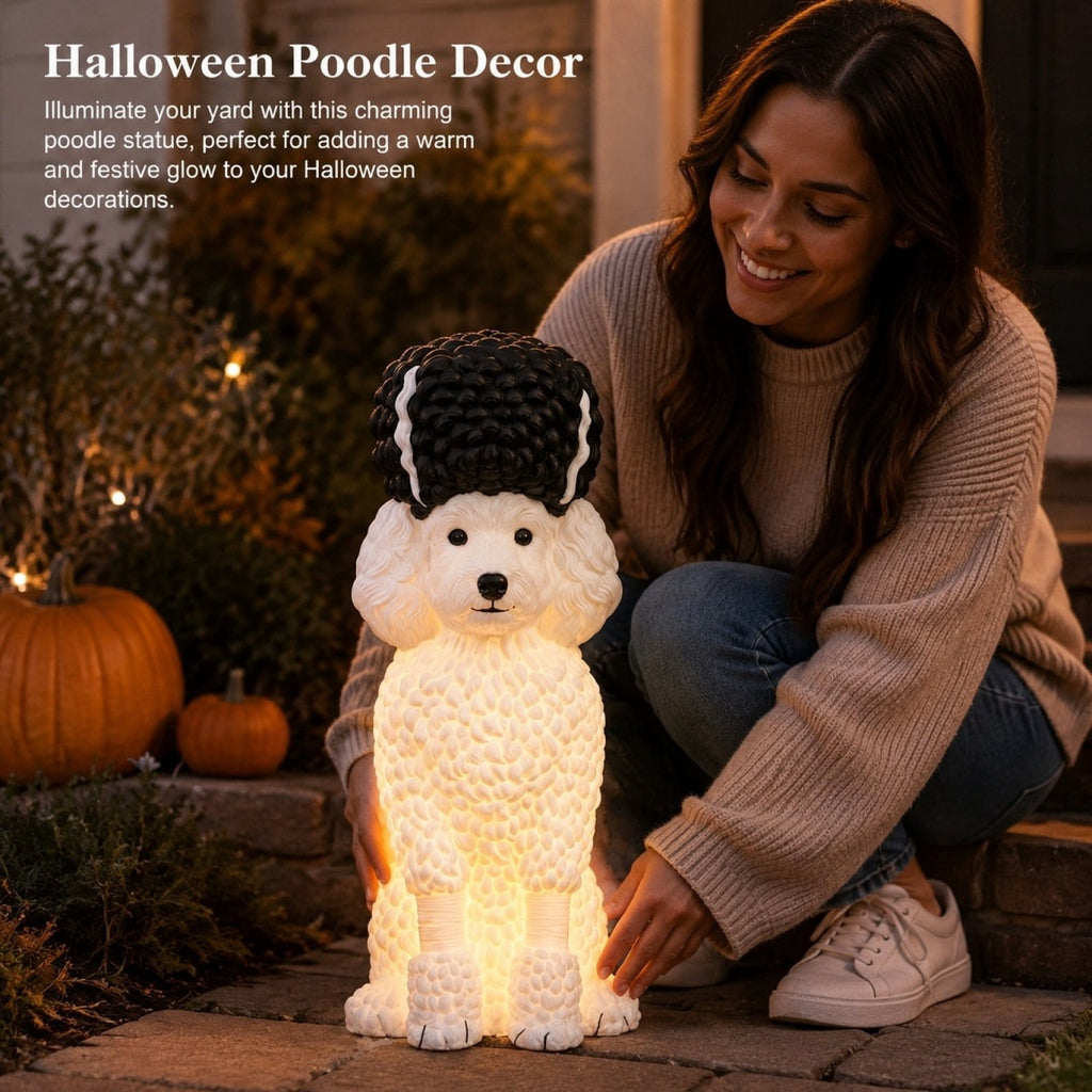 Halloween Ghost Dog Figurine, LED Light Statue, Yard Garden Decor, Treat Bucket Detail and Standing Sturdy Build for Front Porches, Garden Walkways and Tabletop Displays.