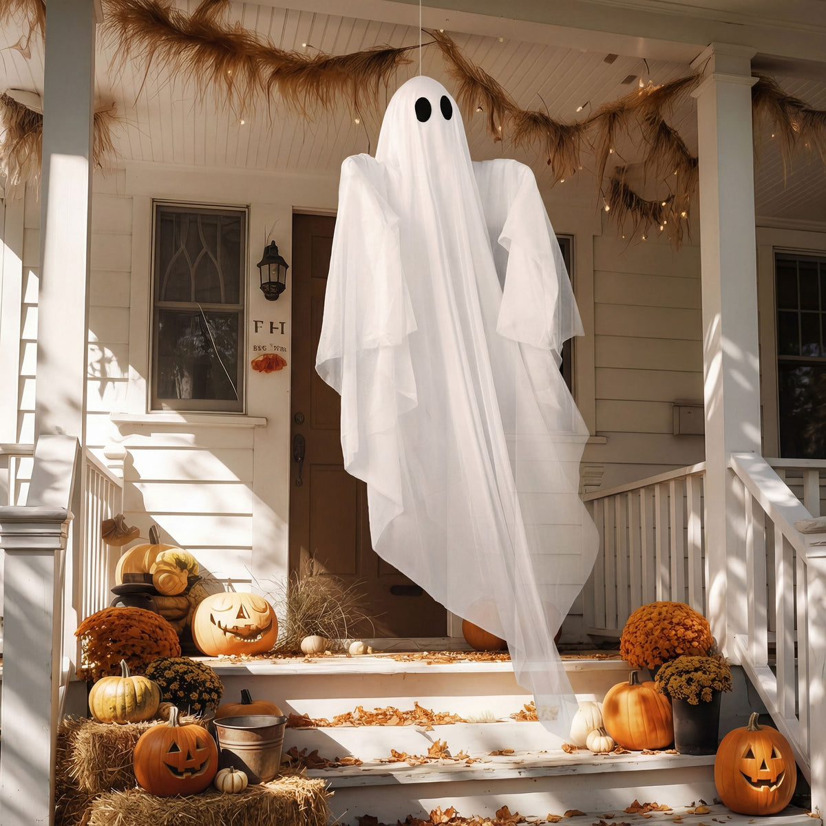 Joyfy 47inch Halloween Decorations Outdoor Hanging Ghost,Light up White Ghosts with Spooky Warm White LED Light,Halloween Outdoor Yard Porch Decorations,Haunted House Decorations