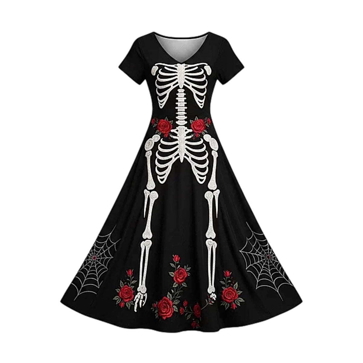 KICILVS Gothic Clothes For Women Black Spiderweb And Spider Print Flowing V Neck Long Maxi Dress Halloween Cosplay Gothic Party Dress
