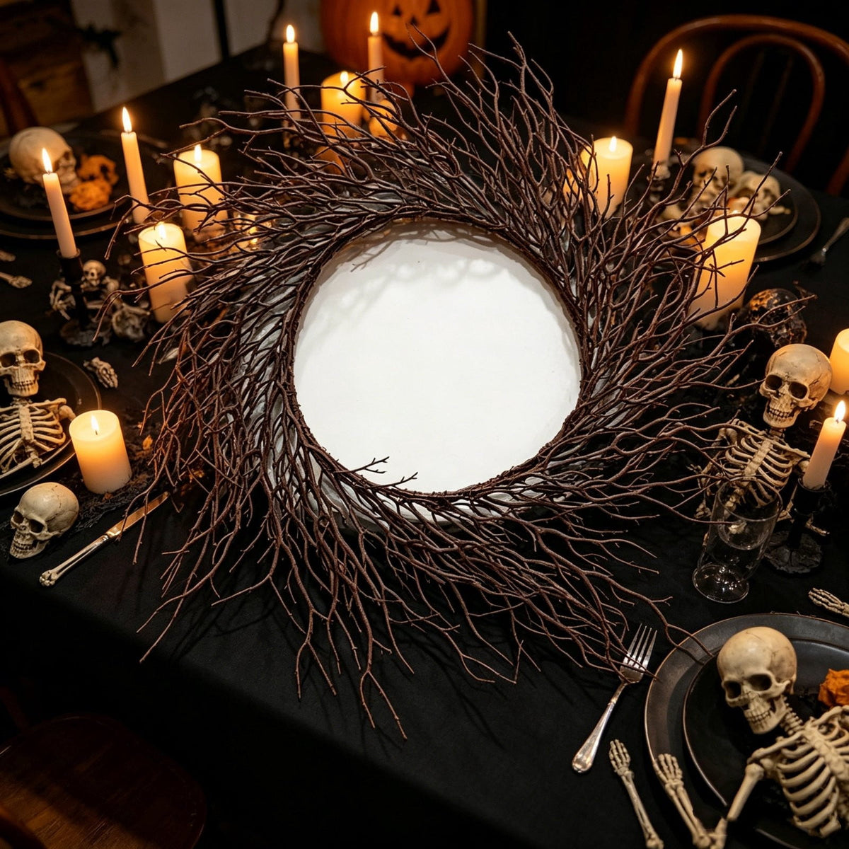 WWC Halloween Wreath, 18 inch Black Bats and Bare Branch Wreath, Gothic Halloween Decor Twig Wreath for Halloween Party Front Door Porch and Fireplace