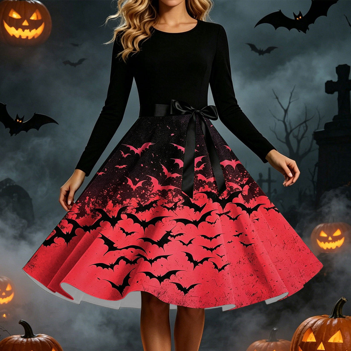 Women's Vintage Halloween Bat Print Swing Dress Long Sleeve 1950s Retro A-Line Midi Dresses with Satin Sash Belt for Gothic Cosplay Evening Prom Party