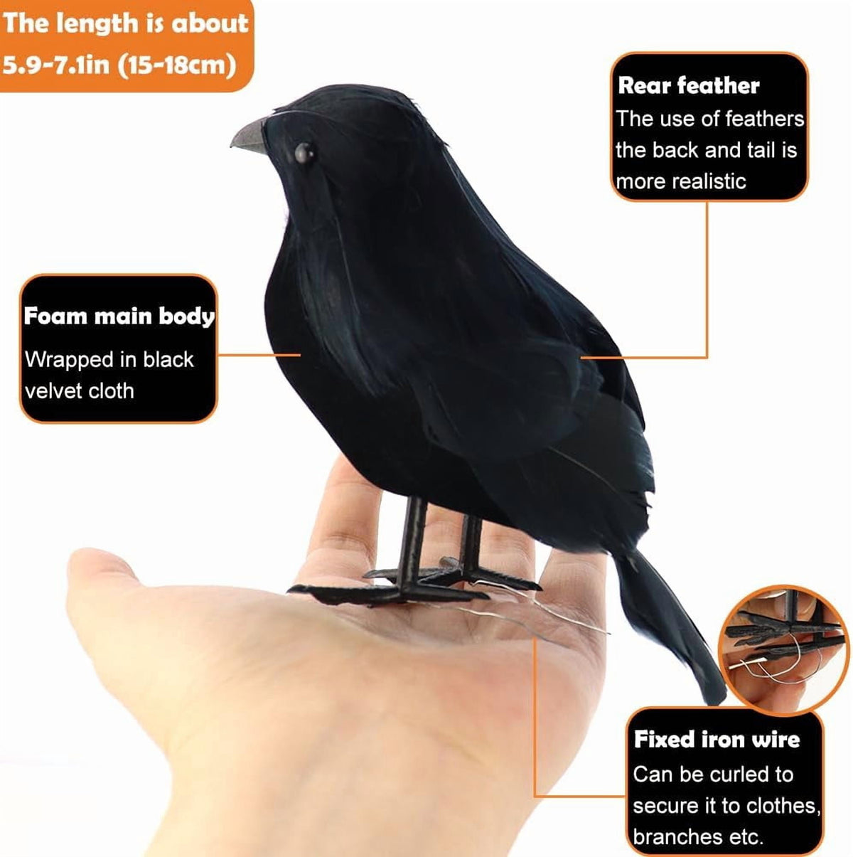 Yanxiao 6PCS Halloween Black Crows Decorations, Realistic Foam Halloween Handmade Black Feathered Crows with Fixable Legs, Halloween Gothic Ornaments for Table Centerpieces, Party, Indoor & Outdoor