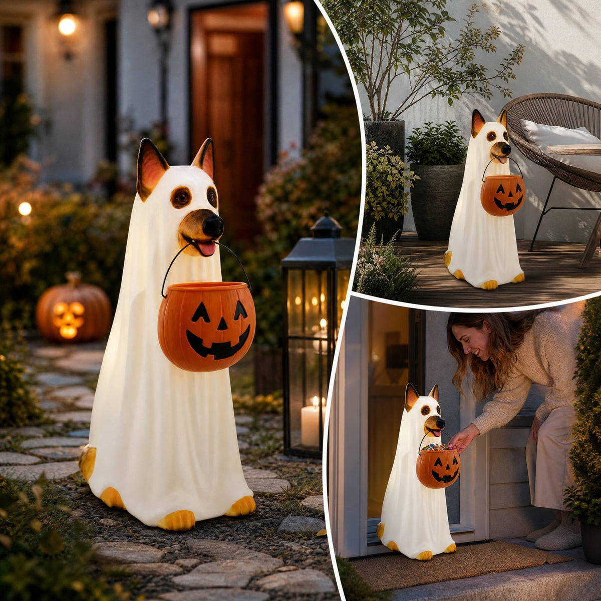 Halloween Dog Greeter - Frenchie 7.9in Resin Witch Dog with Light-Up Pumpkin, Spooky Fall Decor, Indoor Outdoor Tabletop Decoration