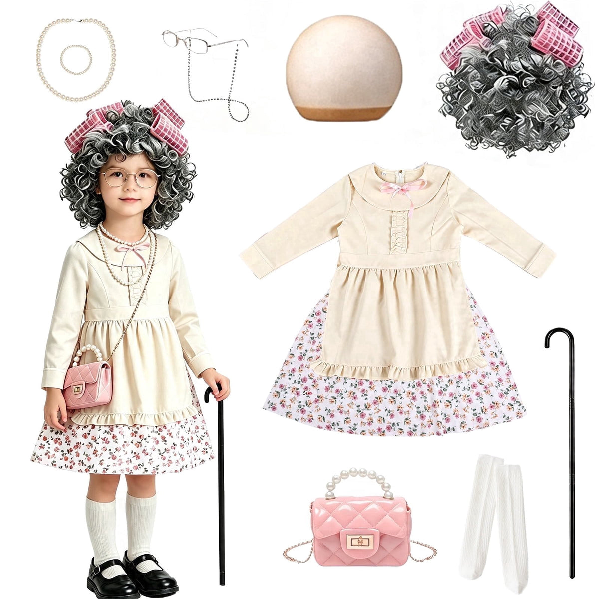 Girls Old Lady Costume 10Pcs Set - 100 Days of School Halloween Costume Grandma Dress Up Granny Outfit