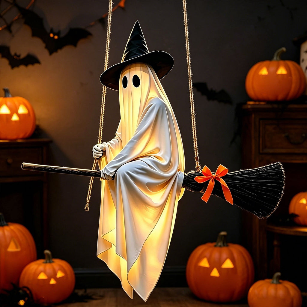 Outdoor Halloween Decorations Large Hanging Ghost and Witch Broom with Lights, Spooky and Cute Ghost Decor for the Front Porch, Yard