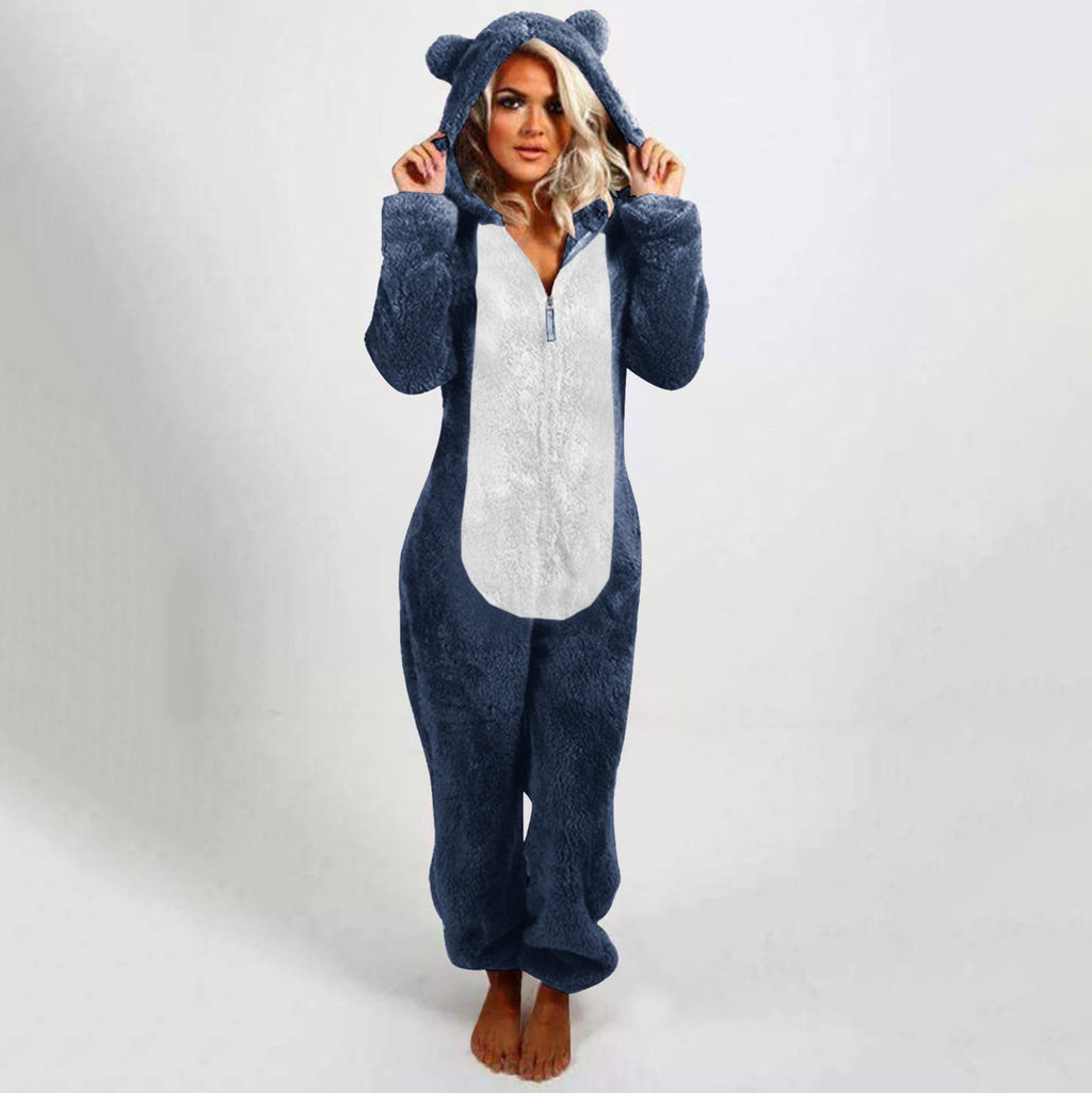 QATAINLAV Sherpa Fleece Jumpsuit for Women Winter Warm Fuzzy Onesie Pajamas Cute Cat Hooded Romper Casual Zip Up Overalls Sleepwear Black XL