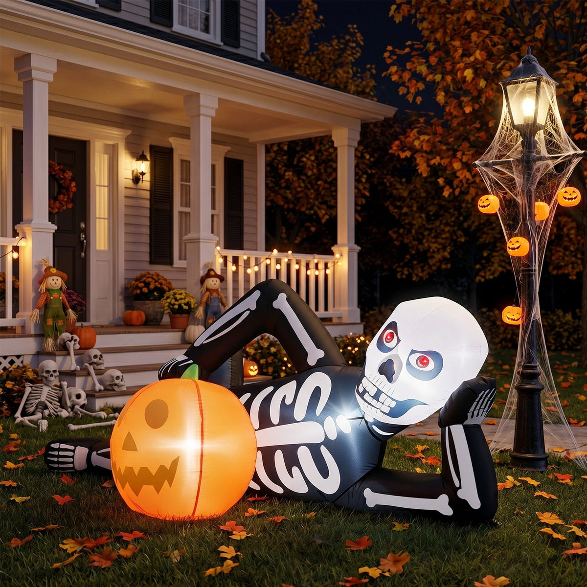 7ft Halloween Inflatable Lying Skeleton with 7 LED Lights for Lawn Decor