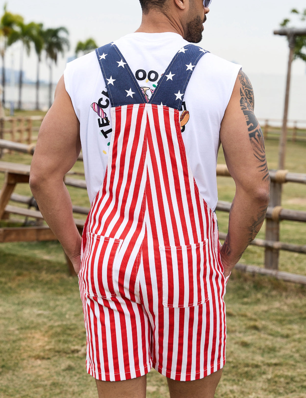 250th Anniversary American Flag Overalls Men,4th of July Cape,USA Sunglasses,Patriotic Socks,4 Pcs for Independence Labor Day(Red White and Blue,L)
