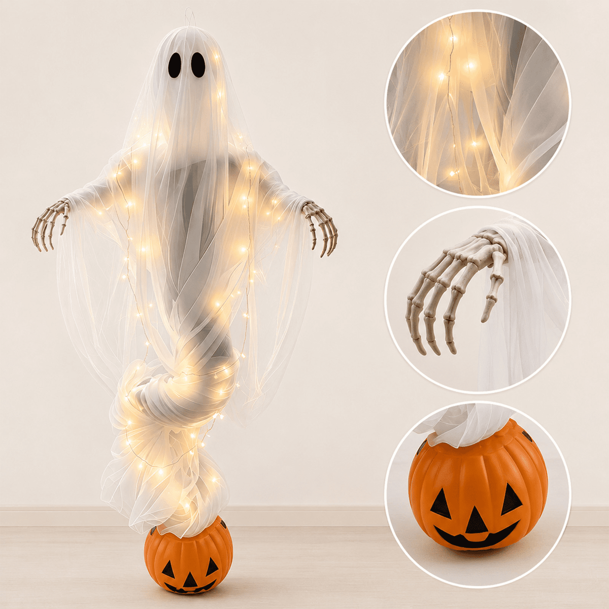 Swirling Ghost Pumpkin Yard Lamp, Lighted Spooky Ghost Statue, Warm LED Halloween Decorations Outdoor, Fall Autumn Garden Lawn Porch Pathway Ornament for Halloween Party Decoration