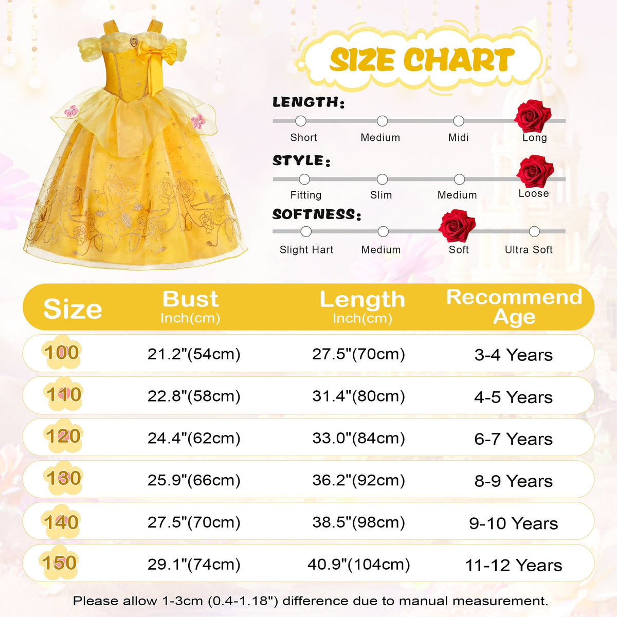 Jurebecia Princess Dress for Girls Costume Kids Off Shoulder Layered Toddler Halloween Cosplay Birthday Party Outfit up Yellow 120 cm 5-6 Years
