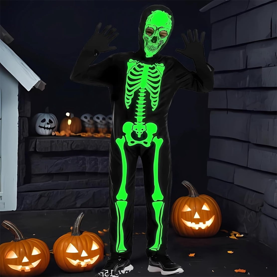 WIBACKER Kids Skeleton Halloween Costume, Glow in The Dark Halloween Cosplay Onesie for Boys and Girls, Jumpsuit + Gloves + Hood Mask