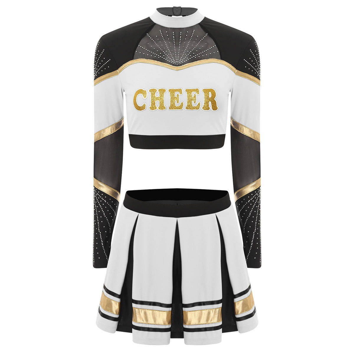 TiaoBug Women Cheer Leader Uniform Dance Cheerleading Costume Long Sleeve Crop Top with Mini Skirt White S