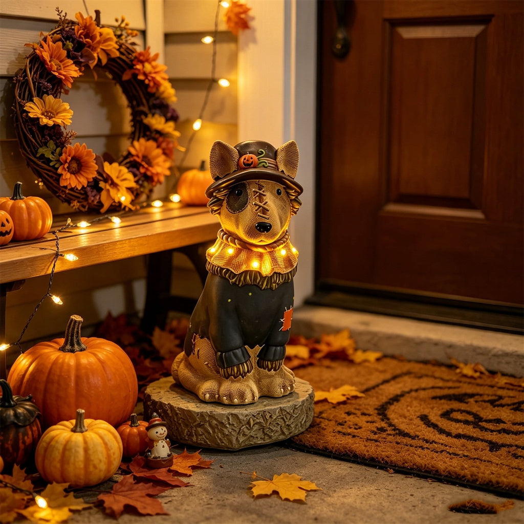 Halloween Dog Greeter - Frenchie 7.9in Resin Witch Dog with Light-Up Pumpkin, Spooky Fall Decor, Indoor Outdoor Tabletop Decoration
