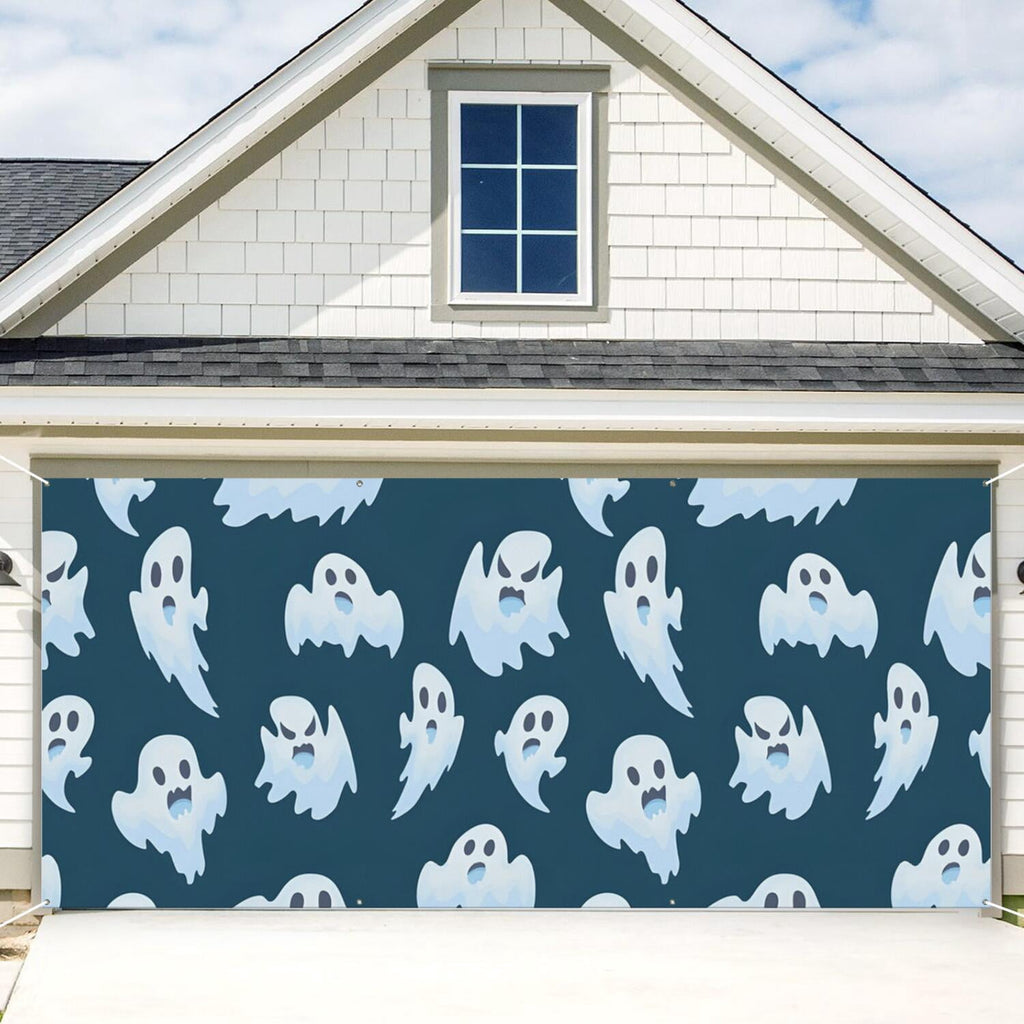 Halloween Garage Door Cover - 13x6ft Spooky Ghost Pumpkin Skull Witch Black Cat Polyester Backdrop for Outdoor Decor