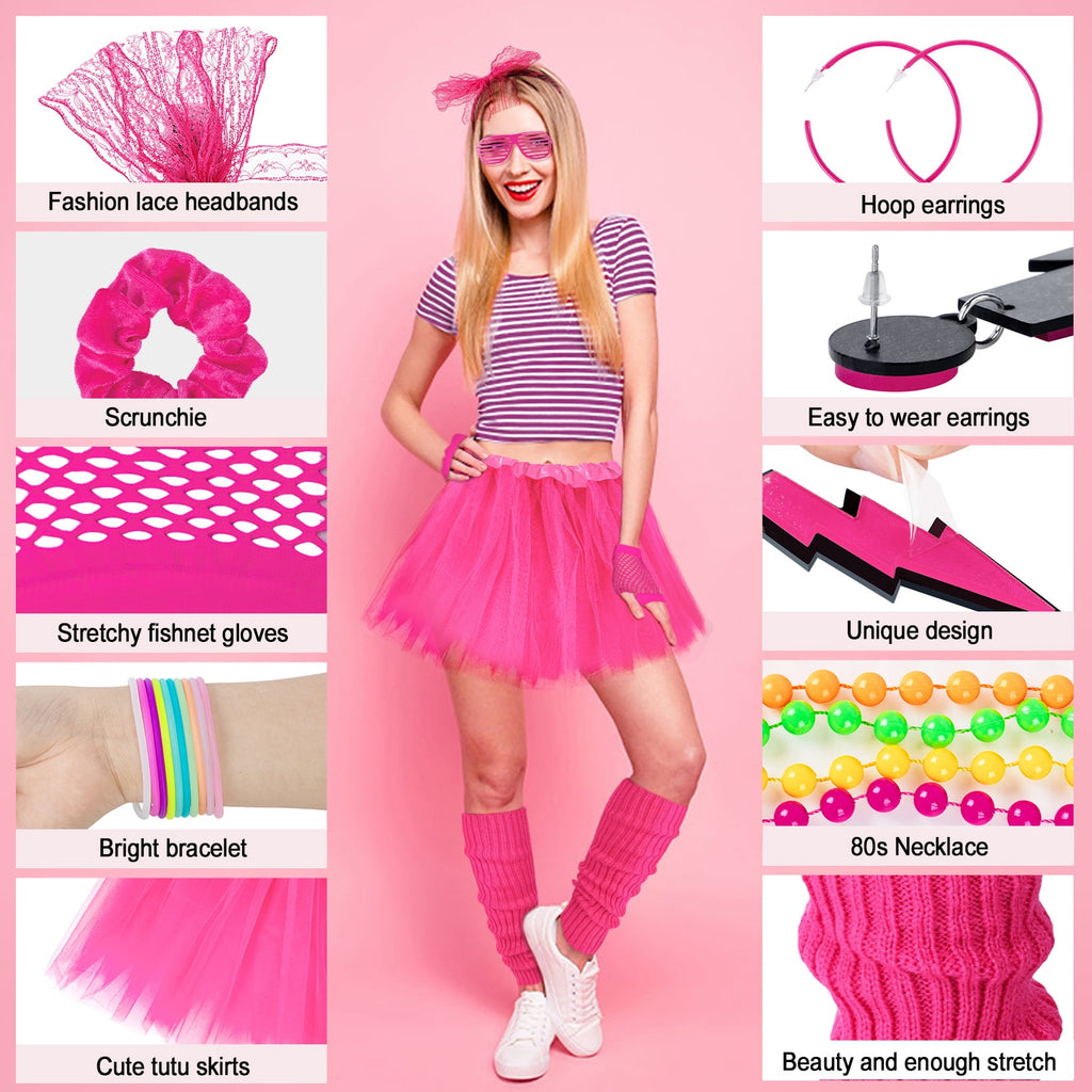 Loritta 80s Costumes for Women Fancy Outfit Accessories Set with Fishnet Gloves Leg Warmers Tutu Skirts for Theme Party
