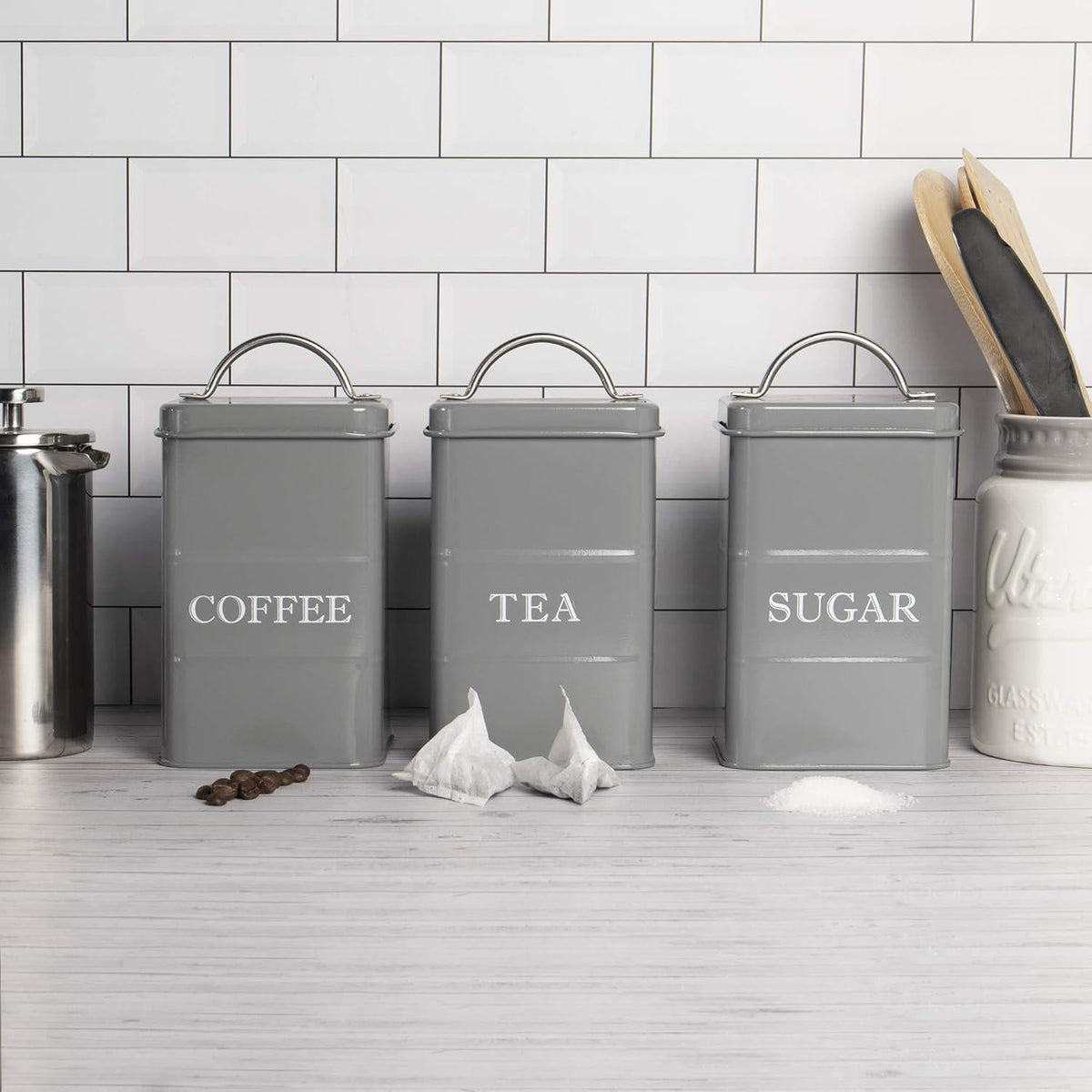 Stainless Steel Tea, Coffee & Sugar Canisters Grey | M&W
