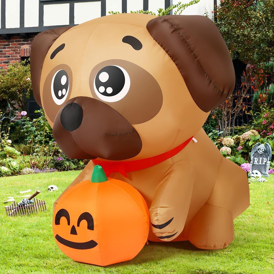 COMIN 5 FT Halloween Inflatables Dog Outdoor Yard Decorations Blow Up Pug Holding Pumpkin with Built-in LEDs for Indoor Party Garden Lawn Decor