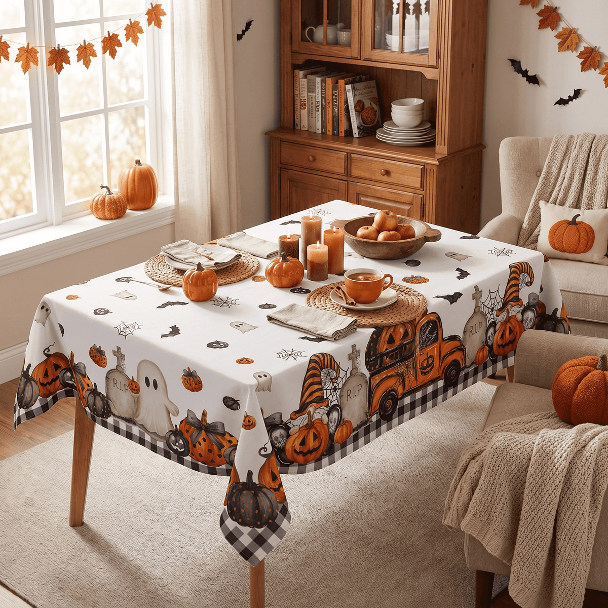 Sm:)e Truck Jack O Lantern Pumpkin Bat Buffalo Plaid Halloween Tablecloth 60 x 84 Inch, Wrinkle-Resistant Table Cover for Dining Decor, Rectangle