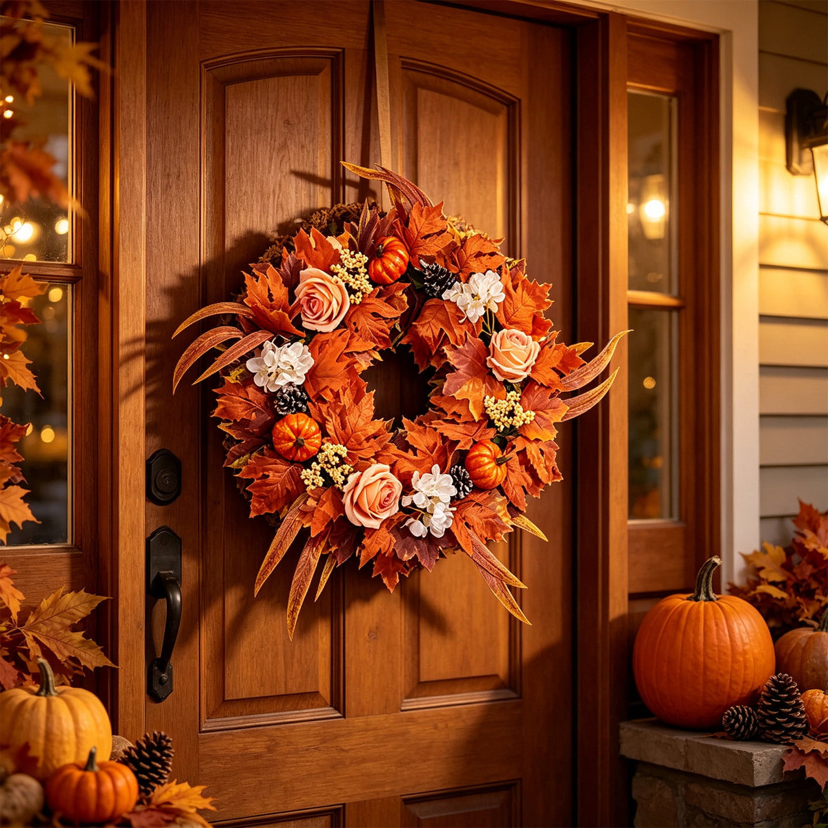 HOARBOEG Handmade Wrought Iron Maple Leaf Wreath, Thanksgiving Rudolph Fall Harvest Door Hanging, Orange Metal Autumn Wreath with Berries, Garden Wall Decor, 15.75 in