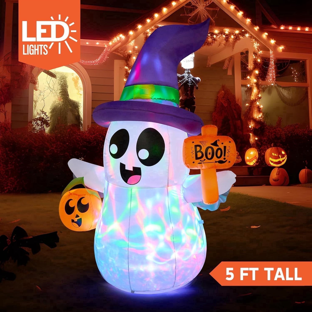 Joyfy 5Ft Halloween Inflatable Pumpkin Ghost with Colorful LED Lights,Halloween Blow Up Cute Decor for Indoor Outdoor Holiday Yard Decoration