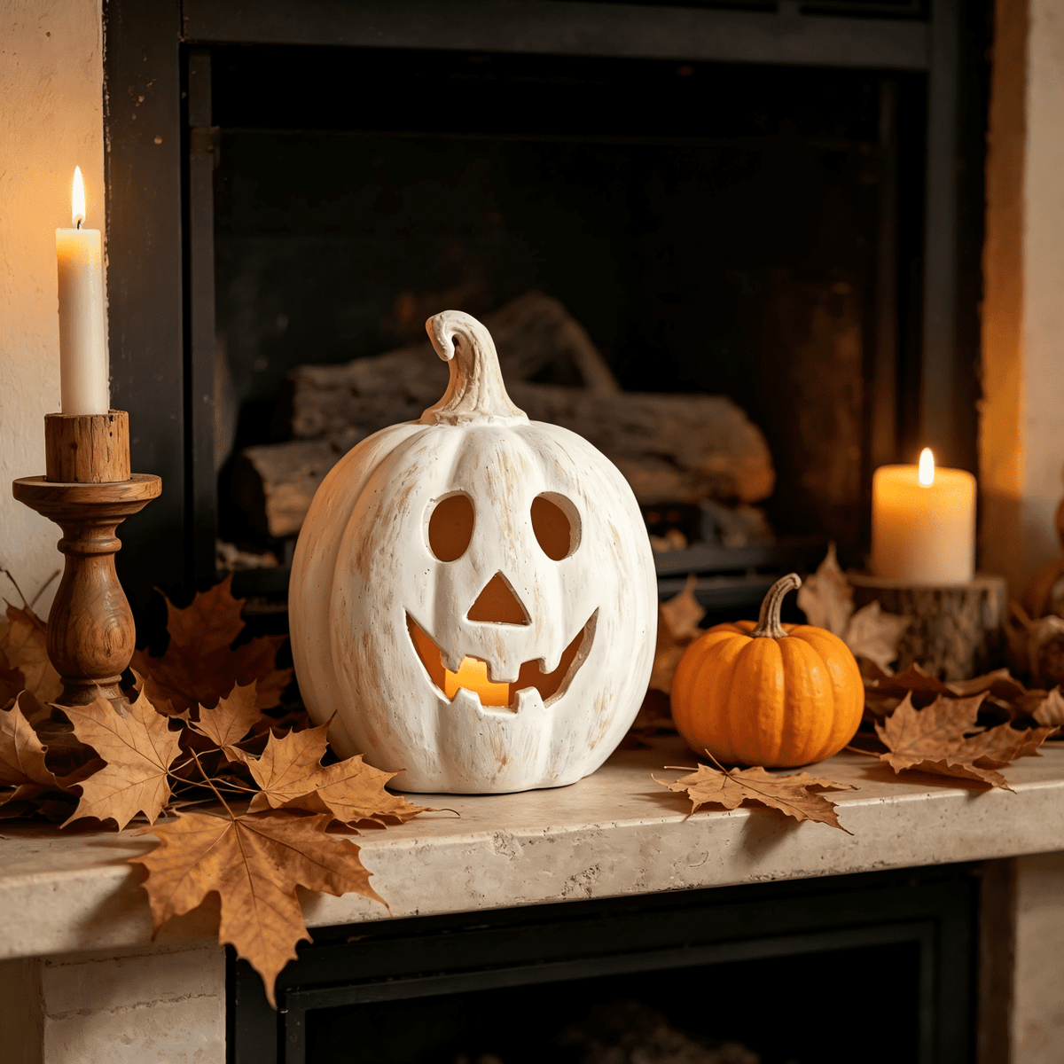 Fall Decor - Halloween Decorations - 5.9"H White Handmade Resin Pumpkin Jack O' Lantern with Flameless Candle - Outdoor Indoor Autumn Decoration for Table Centerpieces Porch Room Front Door