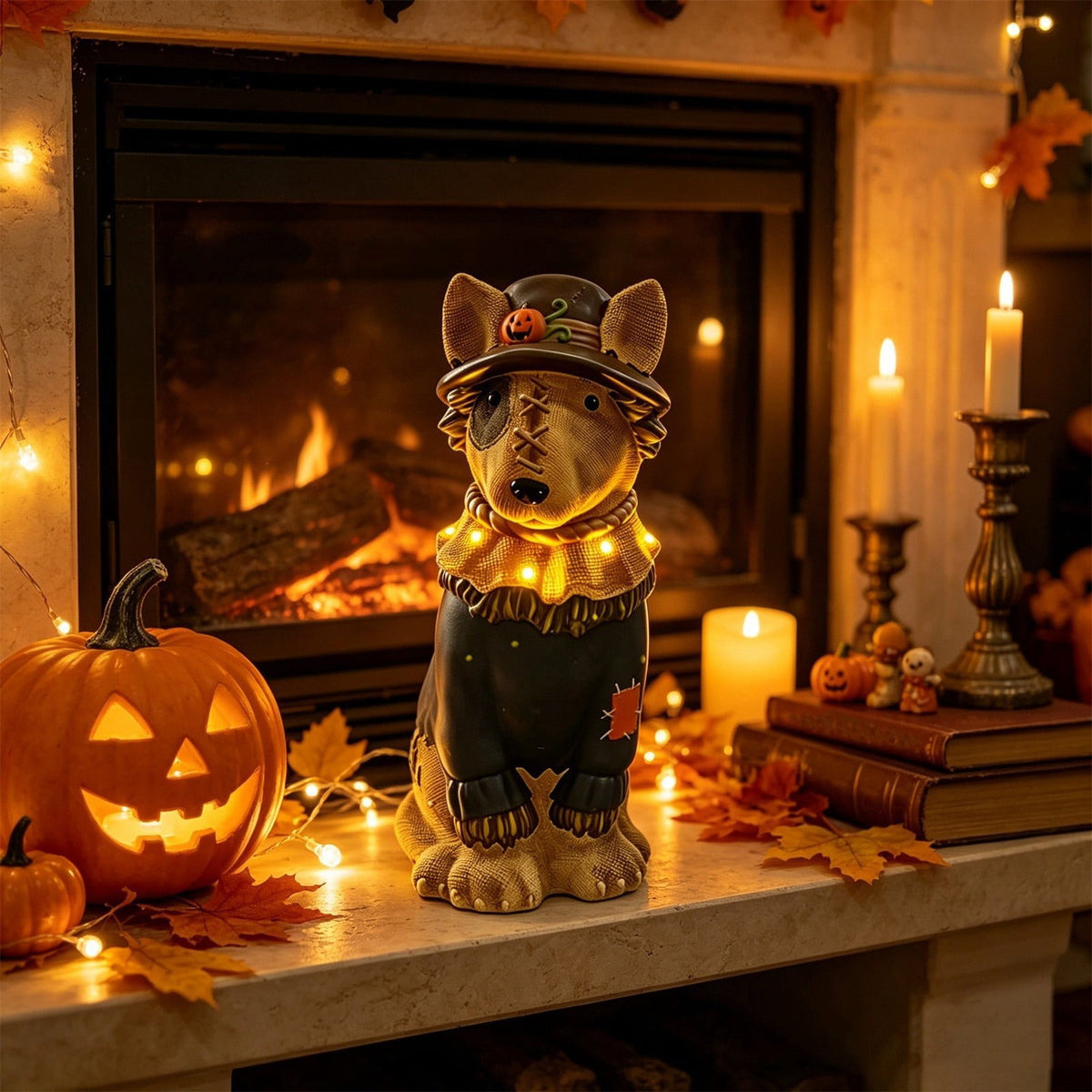 Lighted Scarecrow Bull Terrier Halloween Blow Mold, Cute Puppy Pumpkin Hat Halloween Decor, Resin Ornament for Patio Yard Tabletop Home Decoration, 8"