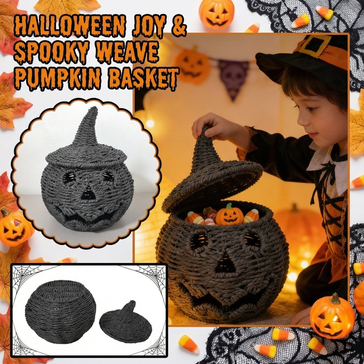 2026 Halloween Black Woven Seagrass Pumpkin Storage Basket with Lid, Fall Indoor Home Decorations for Halloween Party Home Halloween Decor, 10.2 inch