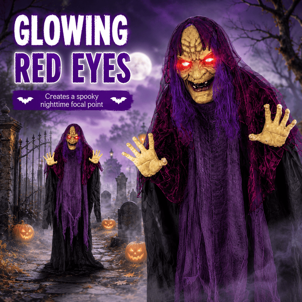 Romswi Halloween Decorations 5ft Standing Witch Animated with Light Up Eyes and Sound-Activated for Spooky Yard Garden Decor