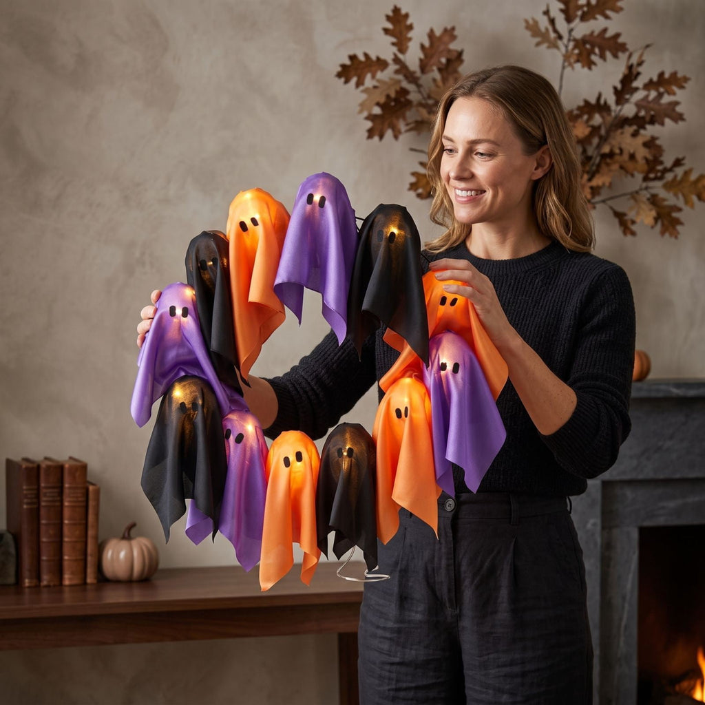 Gcvizuso Halloween Wreath with LED Light String, Purple Rose Black Crow Oval Spooky Twig Wreath for Front Door Window Fireplace Decor