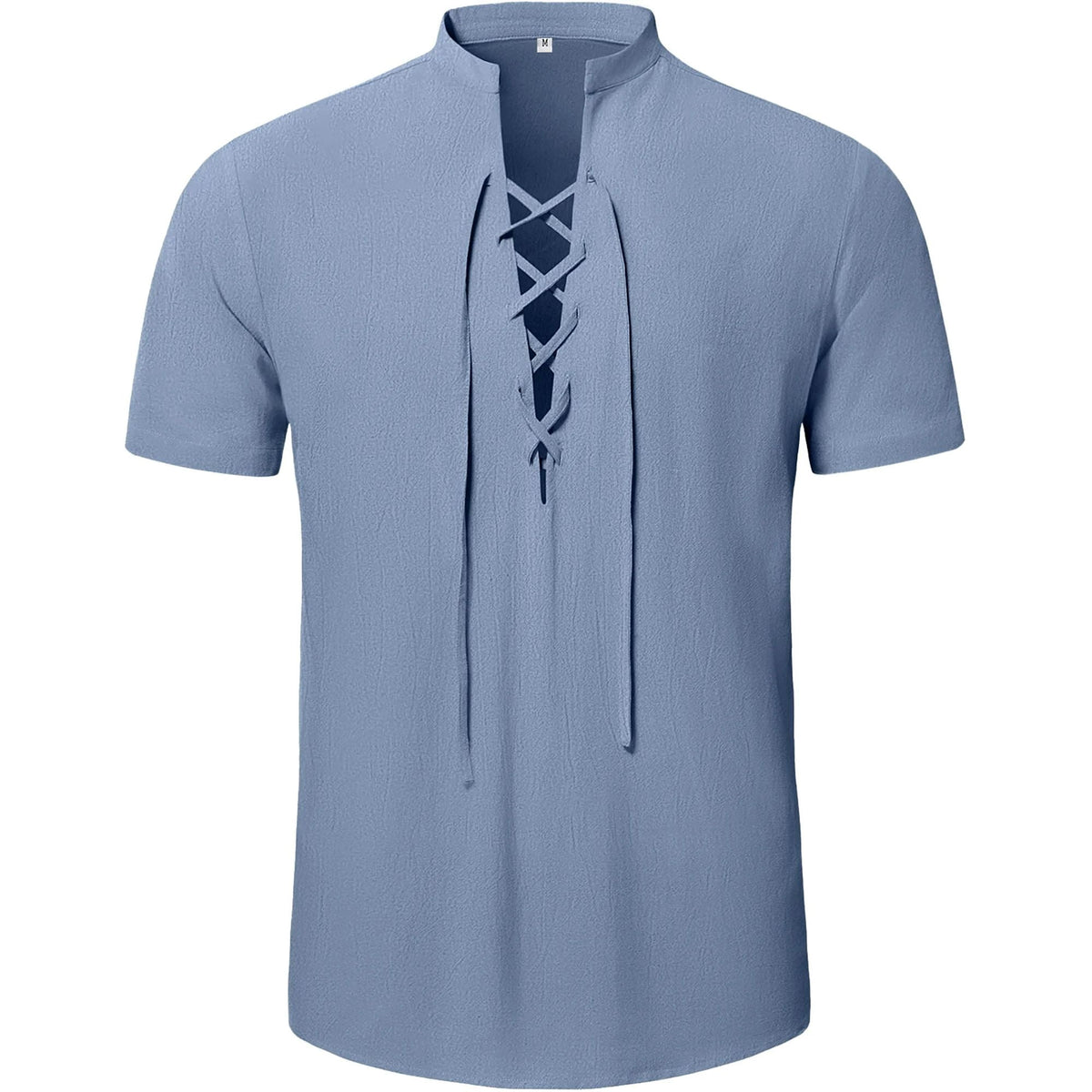 HAOMEILI Men's Cotton Linen Lace-Up V-Neck Short Sleeve Shirt
