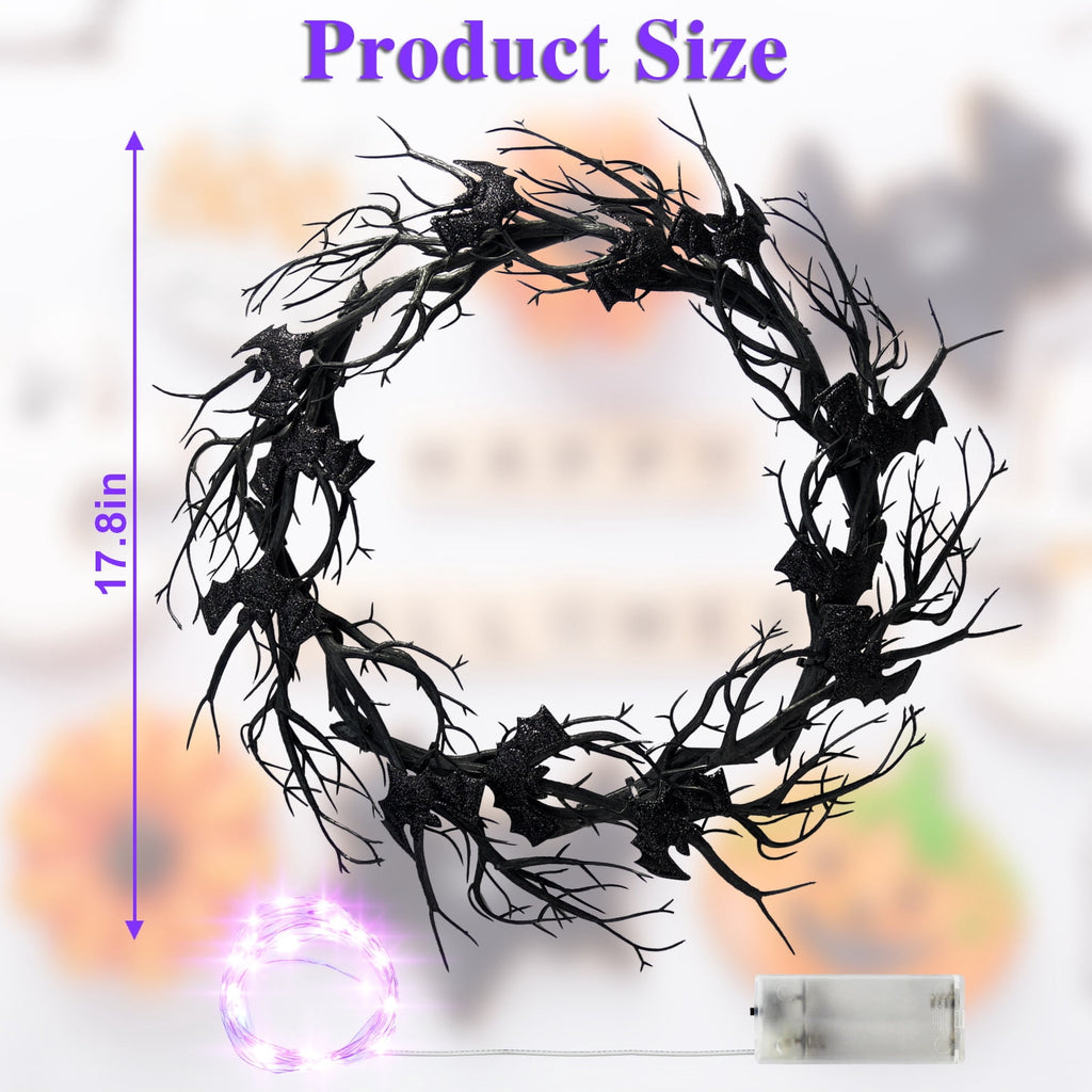AGCAN Halloween Wreaths for Front Door, 17 Inch Pre-Lit Halloween Wreaths with Bats & Deadwood, Halloween Decorations for Door,Porch,Window,Indoor and Outdoor Decor