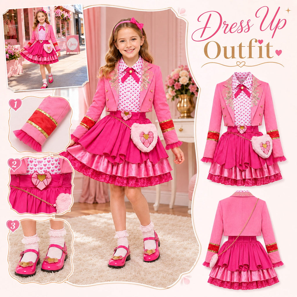 Satmonnus Women's Pink Princess Costume Set, Adult Halloween Cosplay Outfit with Heart Print Jacket, Layered Skirt & Fuzzy Bag, Fancy Dress Up for Themed Parties
