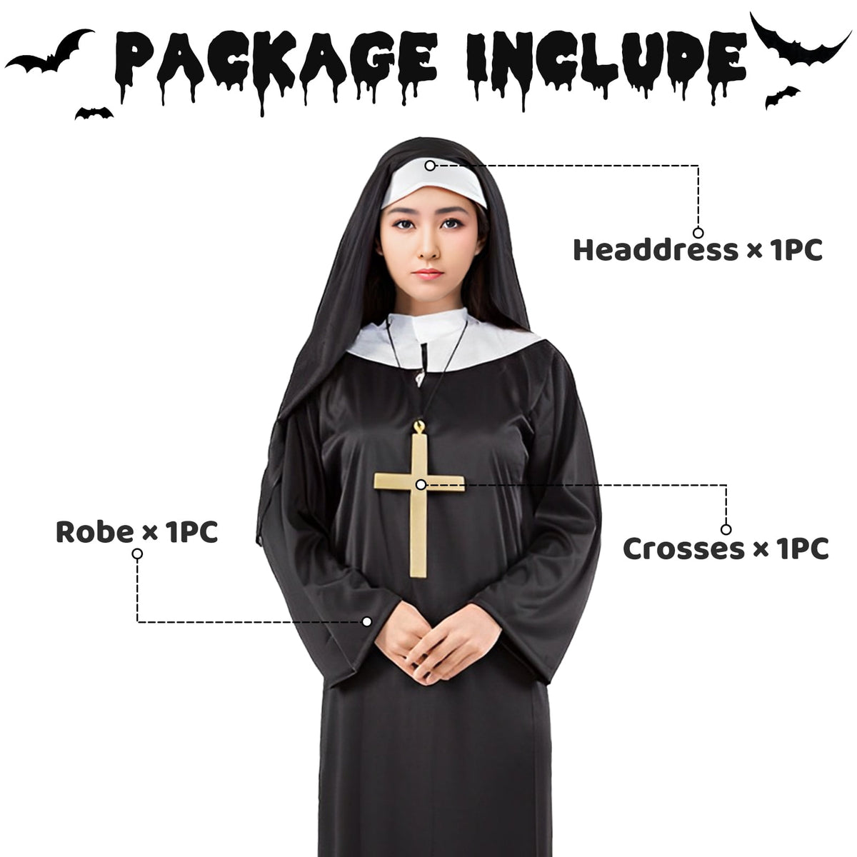 Alaiyaky Nun Costume for Women, Nun Outfit Women, Halloween Costume with Hood and Necklace for Halloween, Carnival, Cosplay