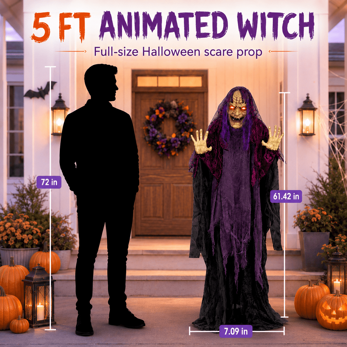 Romswi Halloween Decorations 5ft Standing Witch Animated with Light Up Eyes and Sound-Activated for Spooky Yard Garden Decor