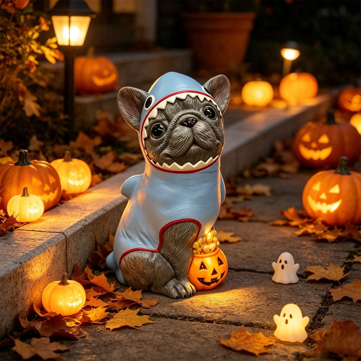 Gray Frenchie in Shark Costume Blow Mold, Halloween French Bulldog Statue with Light Up Pumpkin Decor, Cute Resin Outdoor Indoor Tabletop Dog Ornament, Entryway Patio Yard Decoration, 8"