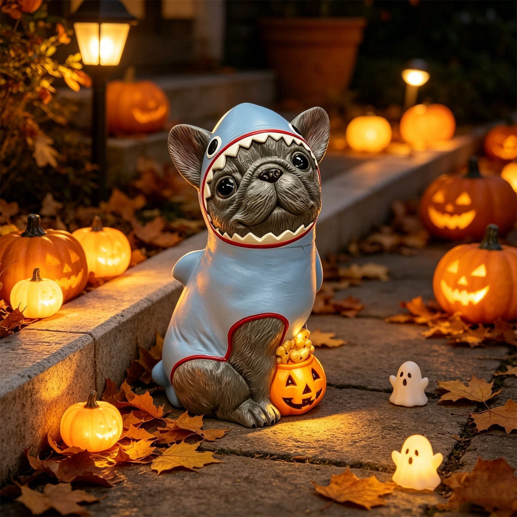 Gray Frenchie in Shark Costume Blow Mold, Halloween French Bulldog Statue with Light Up Pumpkin Decor, Cute Resin Outdoor Indoor Tabletop Dog Ornament, Entryway Patio Yard Decoration, 7.87"