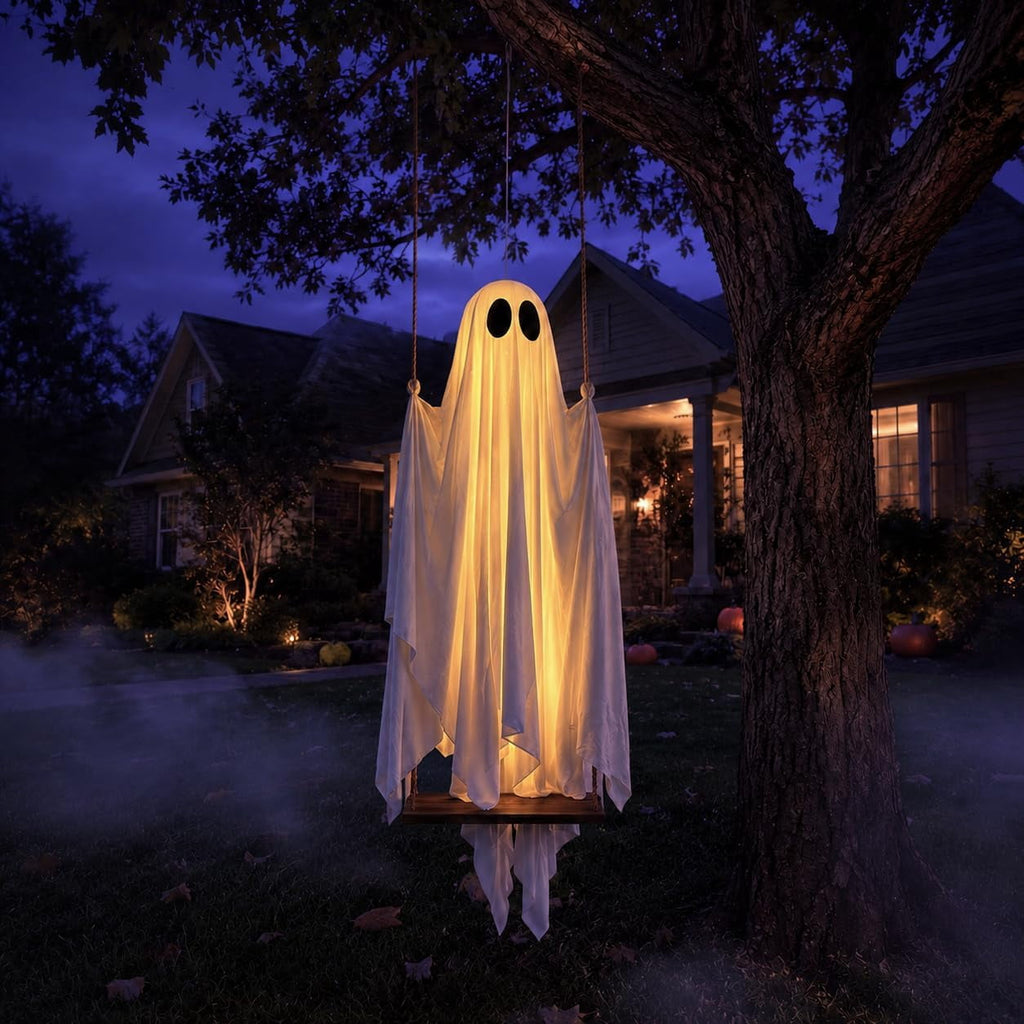 Halloween Decorations Outdoor - 5 FT Large Hanging Swing Ghost Halloween Decor with String Lights, Spooky Cute Ghosts Decorations for Front Porch Yard Tree