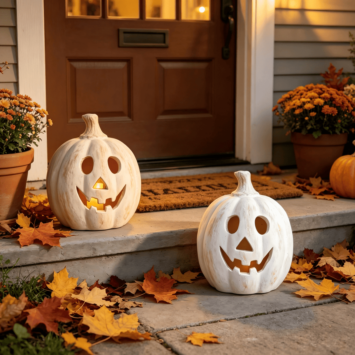 Fall Decor - Halloween Decorations - 5.9"H White Handmade Resin Pumpkin Jack O' Lantern with Flameless Candle - Outdoor Indoor Autumn Decoration for Table Centerpieces Porch Room Front Door