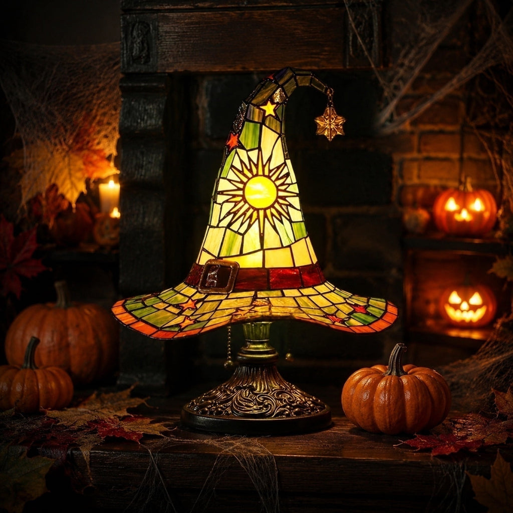 Clearance Halloween Table Lamp Decorations, Witch Hat Lamp Gifts - Handcrafted Retro Resin Witch Lamp, USB Powered Gothic Wizard Hats Night Light, Home Decor Accent Lamps for Bedroom