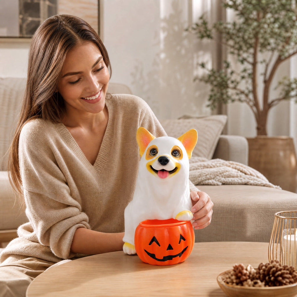 Halloween Dog Greeter - Frenchie 7.9in Resin Witch Dog with Light-Up Pumpkin, Spooky Fall Decor, Indoor Outdoor Tabletop Decoration