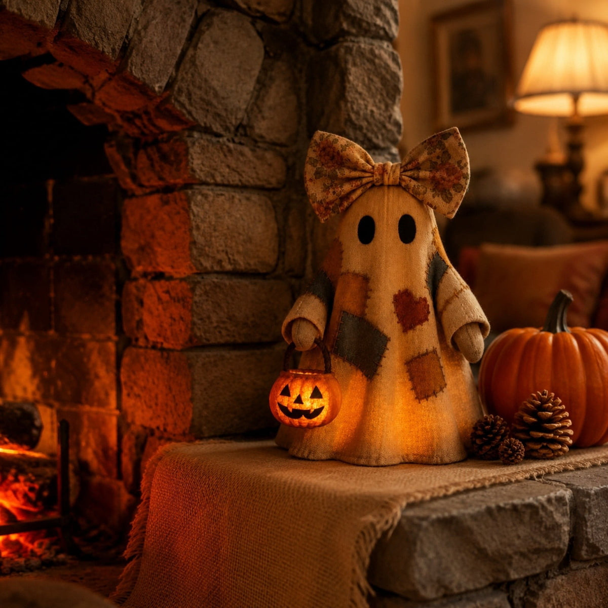 Tumdkd Vintage Patchwork Ghost Decor with LED Pumpkin Light, Soft Fabric Halloween Ornament for Mantel Shelf Tabletop, Cozy Family-Friendly Holiday Accent