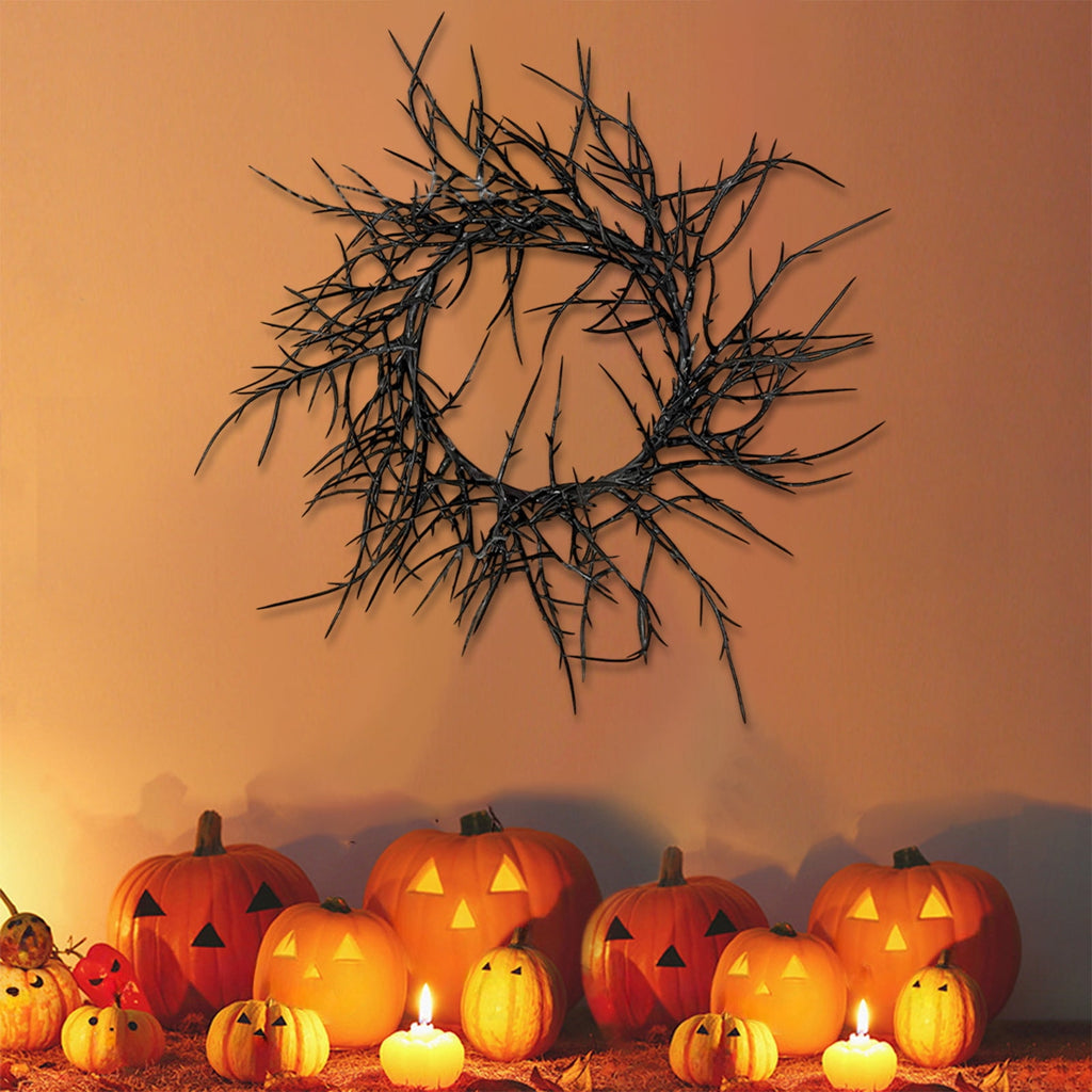 WWC Halloween Wreath, 18 inch Black Bats and Bare Branch Wreath, Gothic Halloween Decor Twig Wreath for Halloween Party Front Door Porch and Fireplace